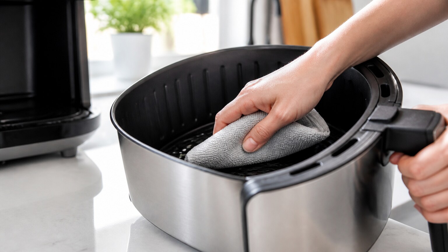 A clean air fryer basket being wiped on a bright kitchen counter