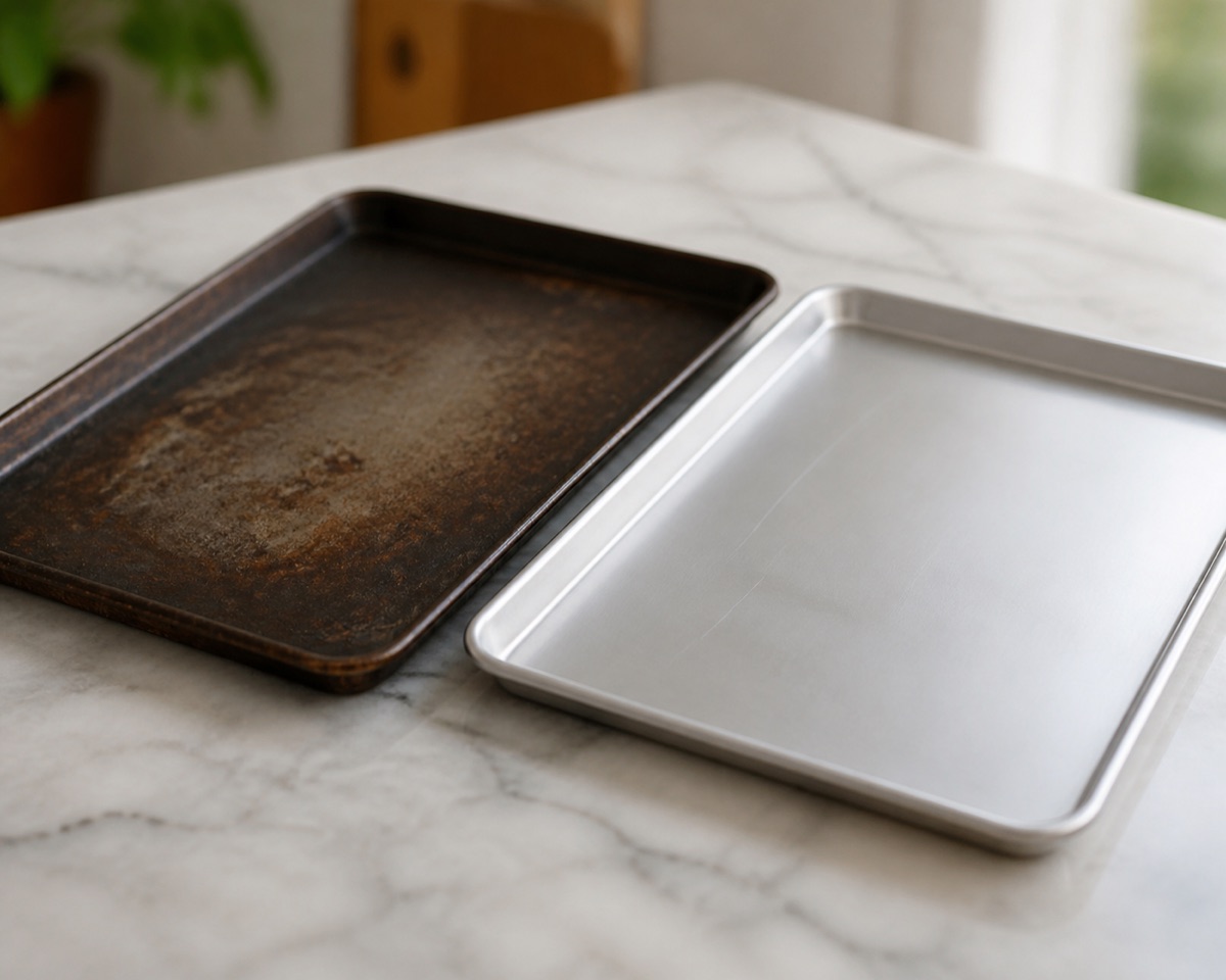 Dark carbon steel baking sheet with visible seasoning beside a lighter aluminium sheet pan