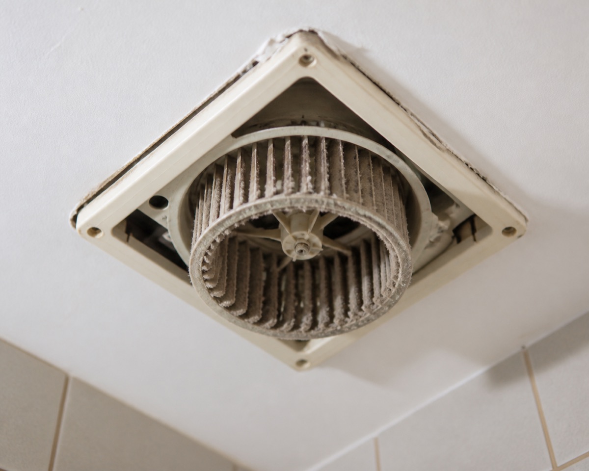 Bathroom ceiling extractor fan with the cover removed showing a dust-laden impeller
