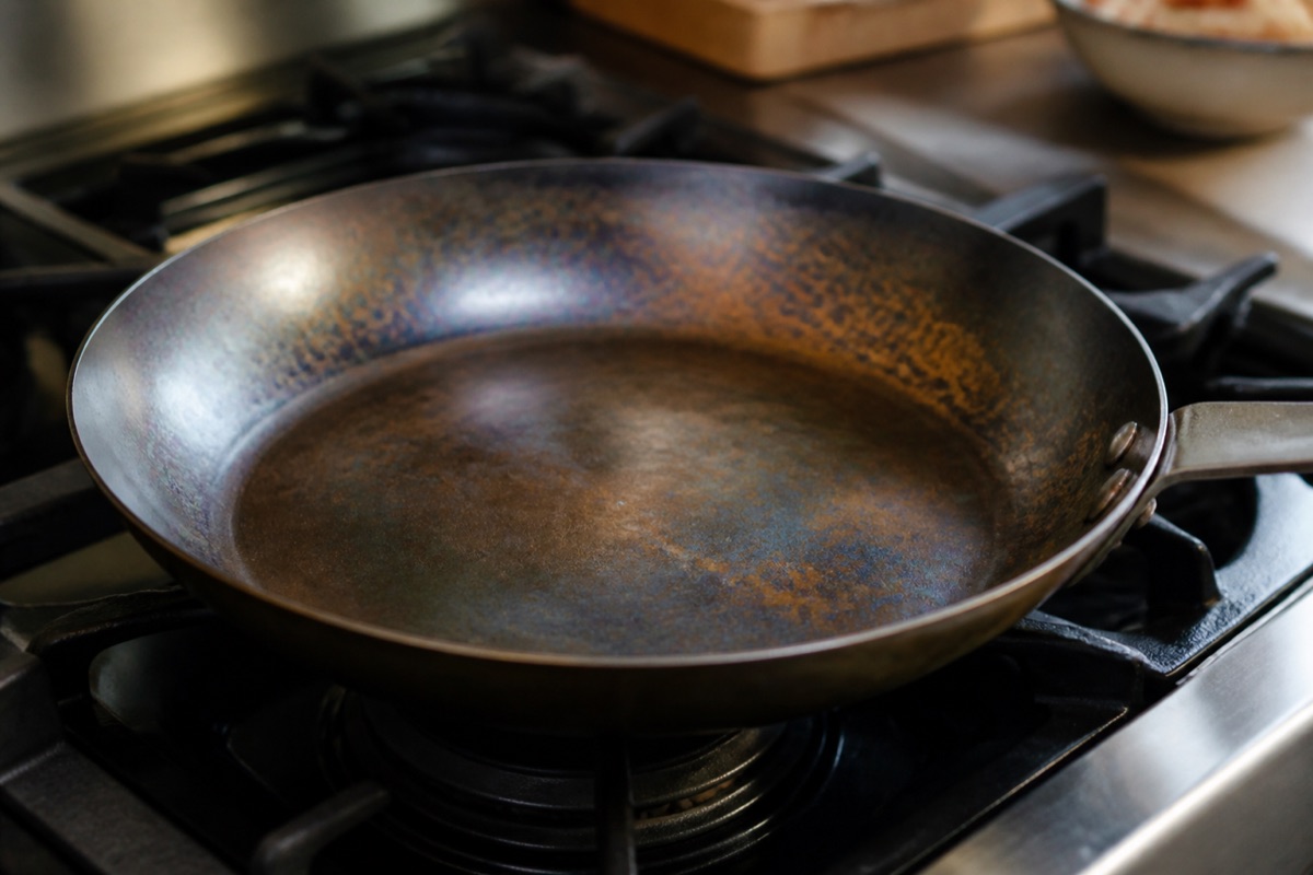Carbon steel frying pan with a mottled bronze and blue patina resting on a gas hob