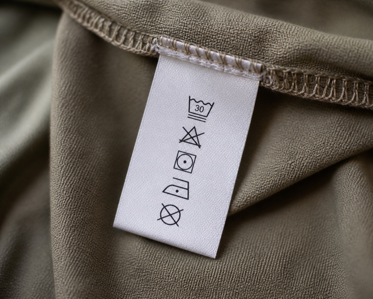 Close-up of a fabric care label sewn into a garment seam with washing symbols clearly legible