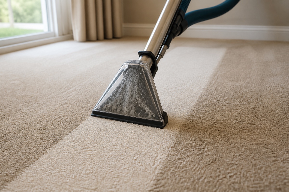 Hot water extraction carpet cleaner mid-pass on beige carpet showing a cleaner track behind it