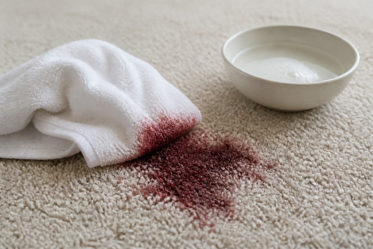 White cloth blotting a dark red spill on light beige cut-pile carpet with a bowl of solution beside it