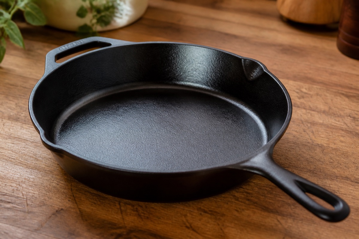 Well-seasoned black cast iron skillet on a wooden worktop with a smooth dark satin cooking surface