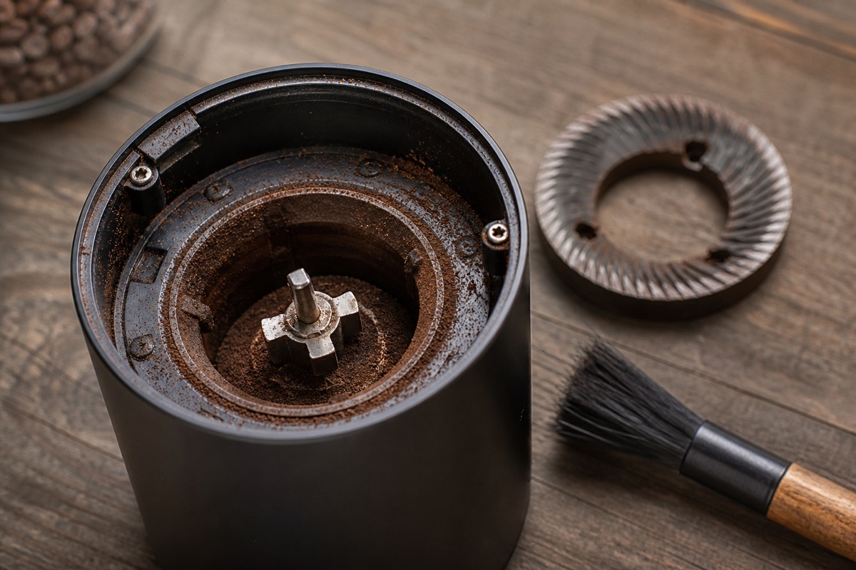 Burr coffee grinder opened up with the top burr removed showing accumulated coffee fines and a brush
