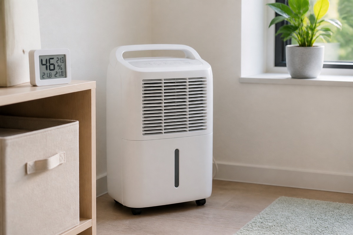 Portable dehumidifier running in a room corner with a small digital hygrometer on a shelf nearby