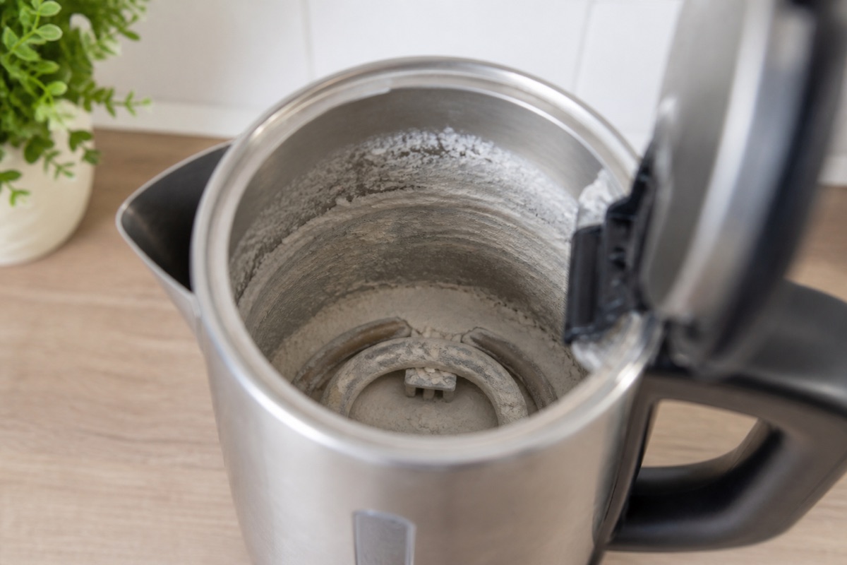 Electric kettle with the lid open showing thick white limescale on the heating element