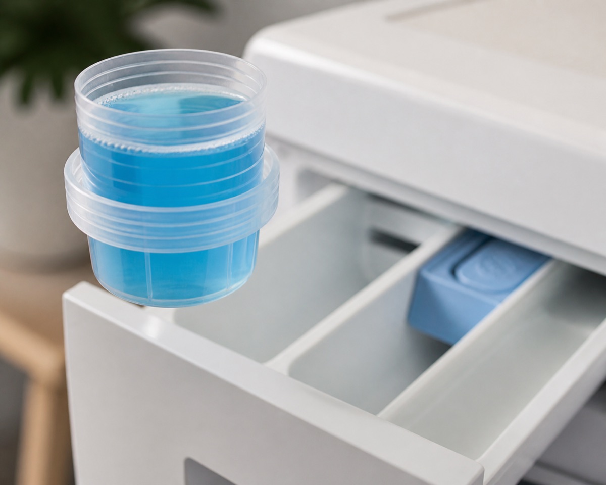 Measuring cap of blue liquid detergent held above an open washing machine drawer showing fill lines