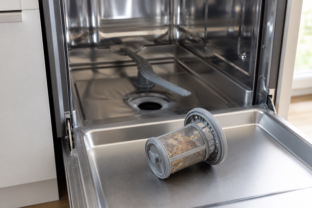Dishwasher filter assembly lifted out and resting on the open door with food debris caught in the mesh