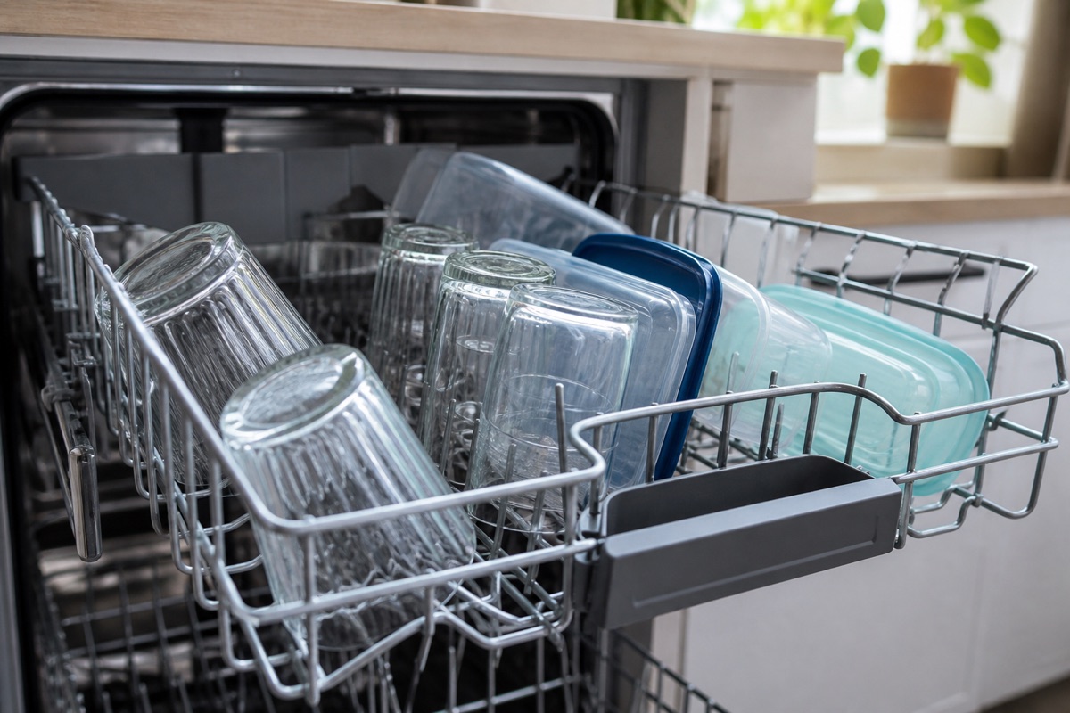 Open dishwasher upper rack loaded with glassware and plastic containers in kitchen daylight