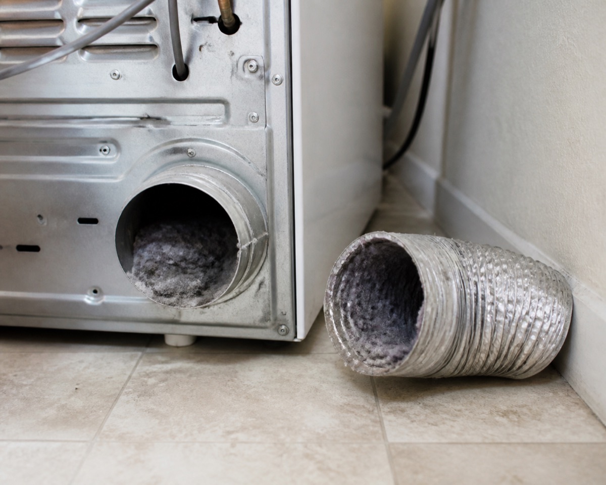 Back of a clothes dryer pulled from the wall with the vent duct disconnected and lint visible inside