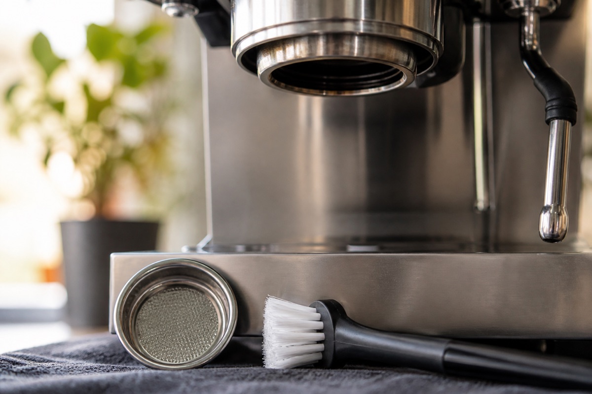 Espresso machine group head with the portafilter removed and a blind basket and cleaning brush beside it