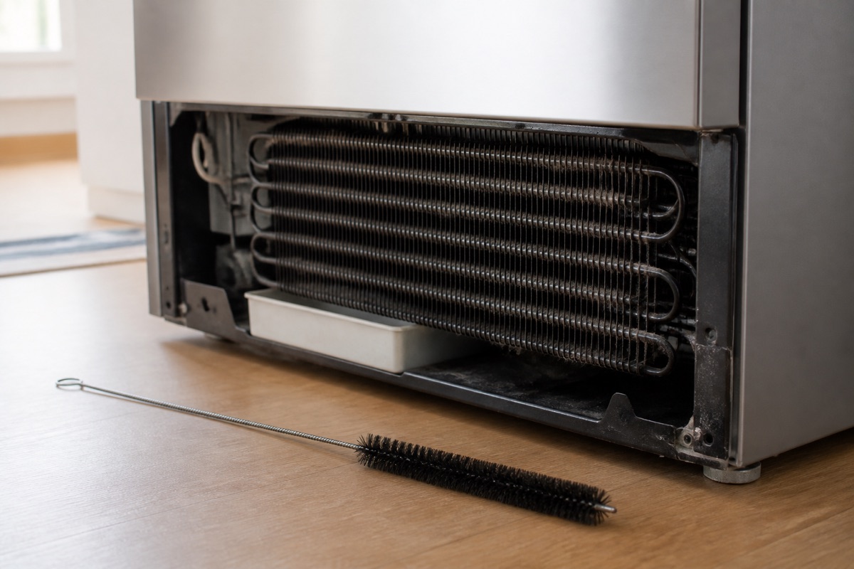 Lower rear of a refrigerator with the kick plate removed showing dusty condenser coils and a coil brush