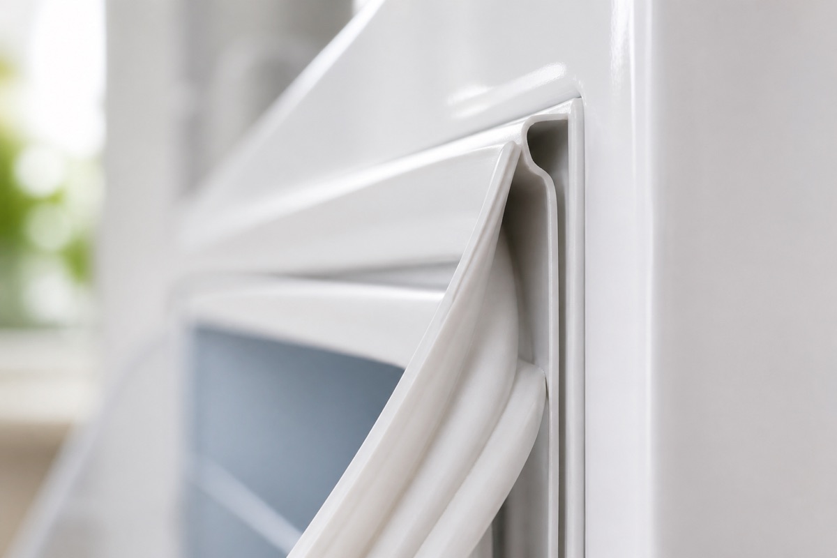 Close-up of a refrigerator door gasket pulled open to show the channel behind the magnetic seal