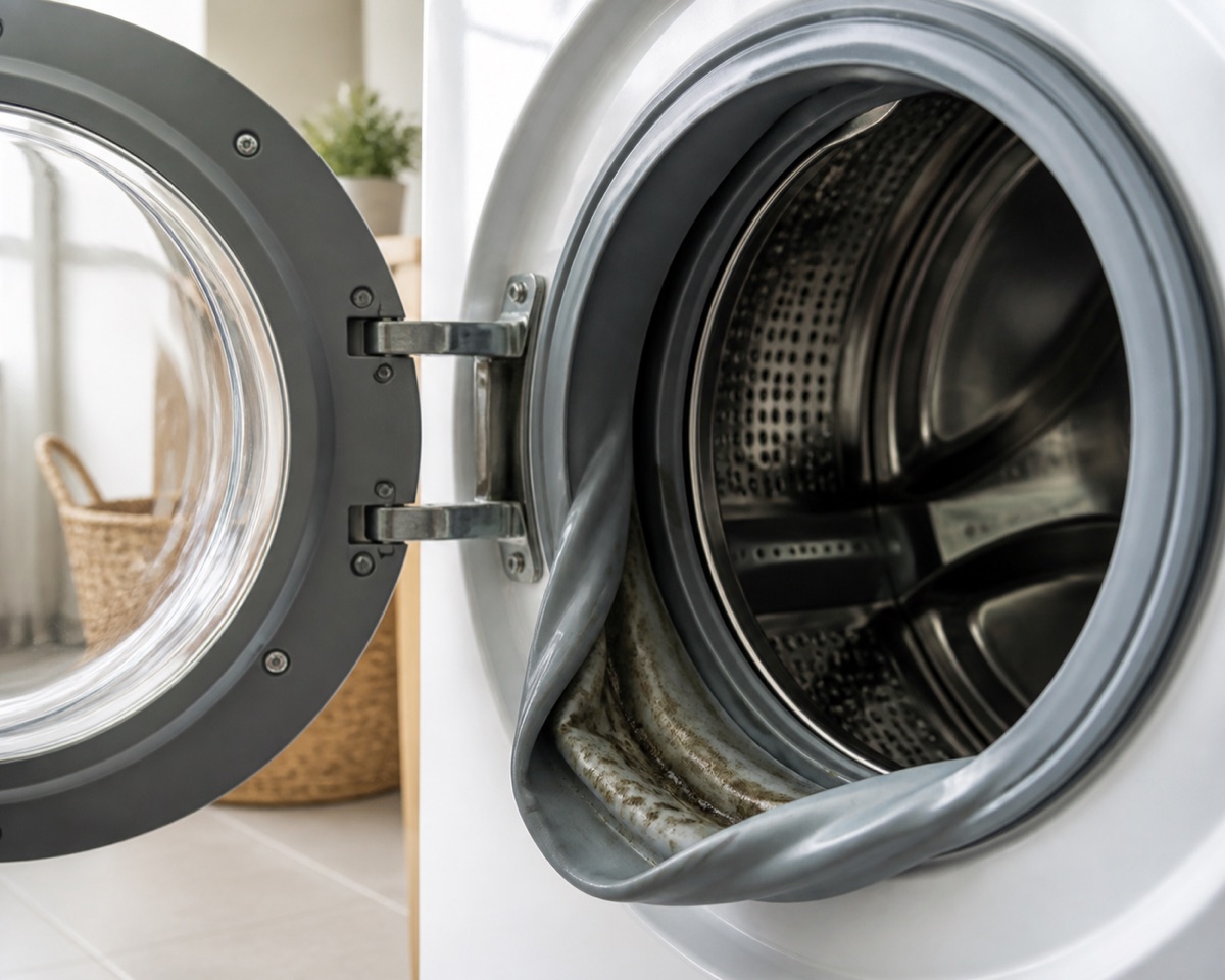 Open front-load washing machine with the rubber door gasket folded back, exposing grey residue in the channel