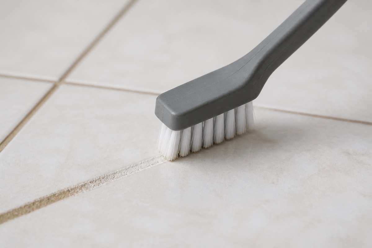 Grout brush scrubbing a line of grout between white ceramic tiles, one half visibly cleaner