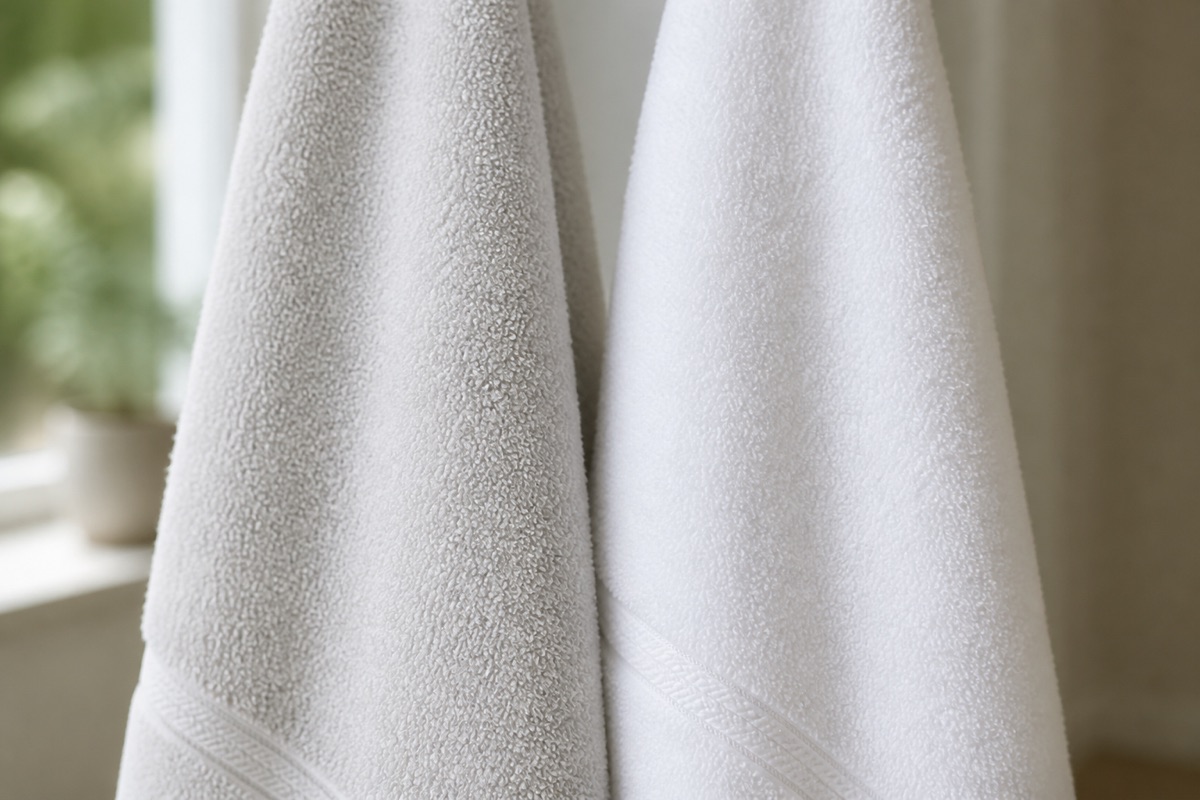 A dull greyish white cotton towel held next to a bright white one showing the difference