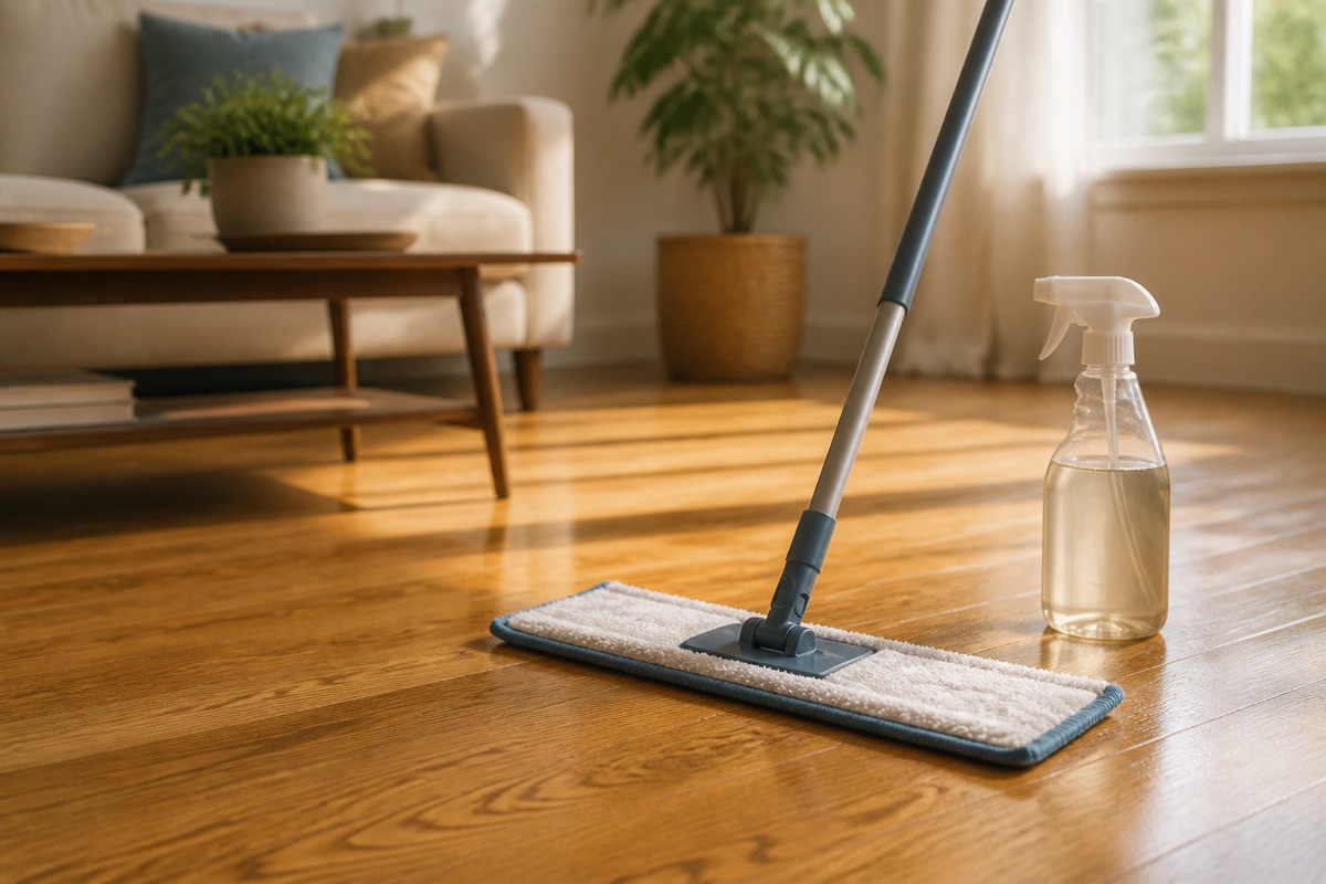 Microfibre flat mop on a warm oak hardwood floor in a sunlit room with a spray bottle beside it