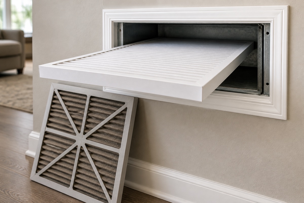 Pleated white air filter being slid into a return air vent with the old dust-loaded filter below