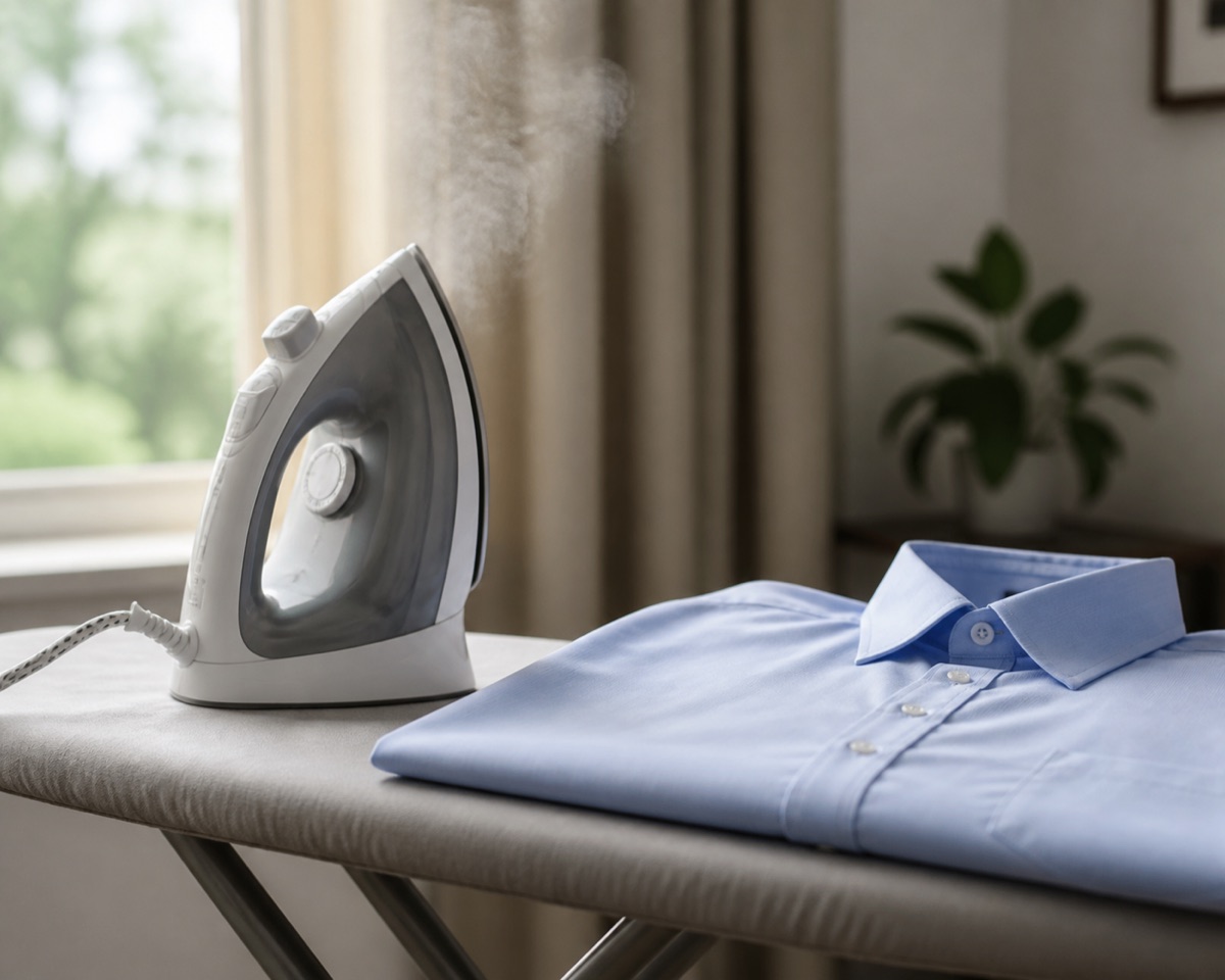 Steam iron resting on an ironing board beside a neatly pressed cotton shirt with steam rising