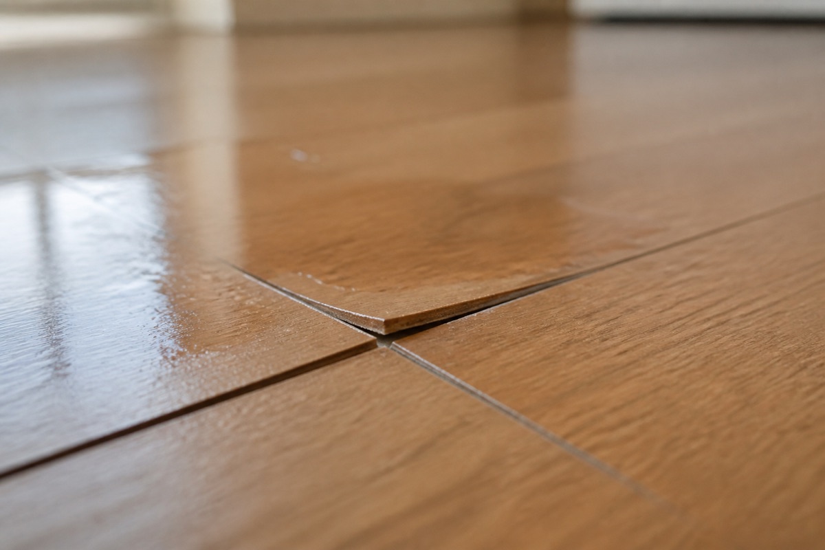 Laminate floor plank edge showing swelling and lifting at the joint from standing water