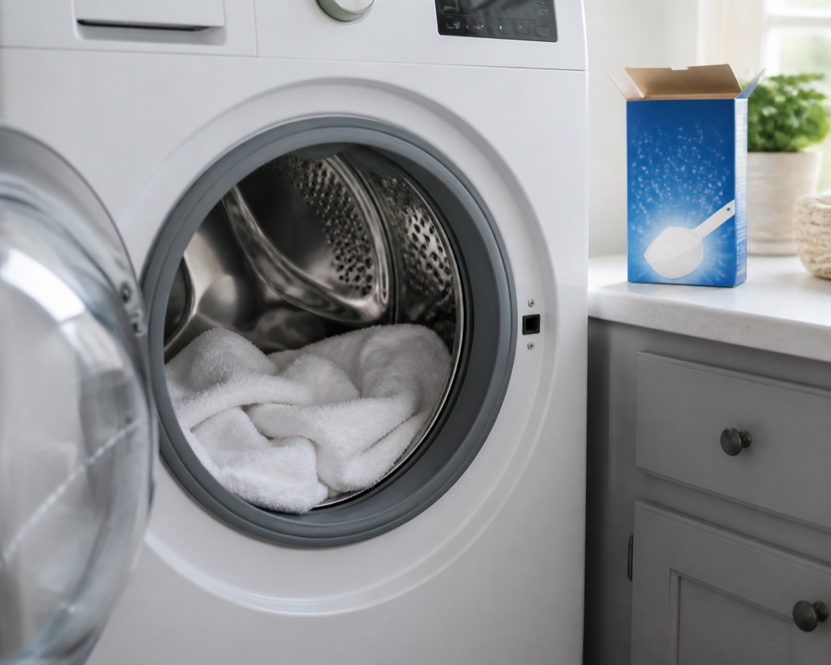 Open washing machine drum with clean white towels inside and a box of oxygen bleach on the counter