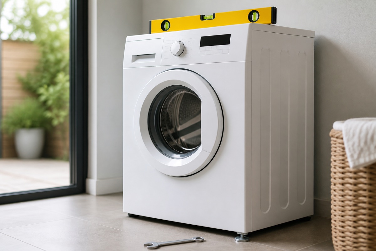 Spirit level resting on top of a white washing machine with an adjustable foot and spanner at floor level