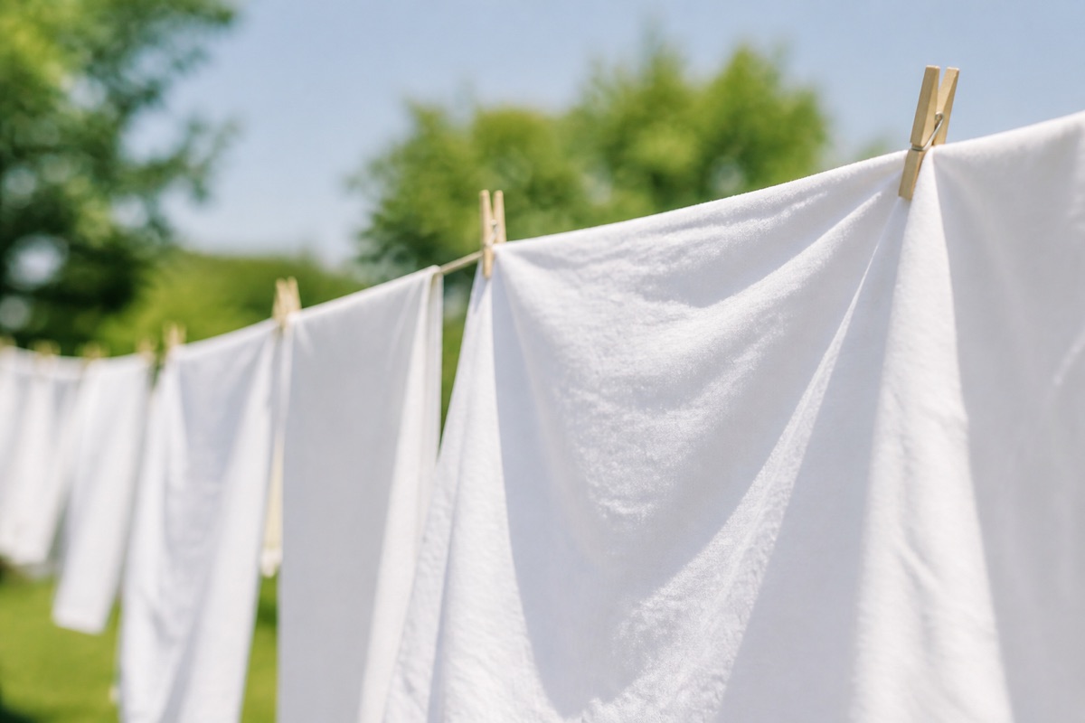White cotton sheets hanging on an outdoor washing line in bright daylight
