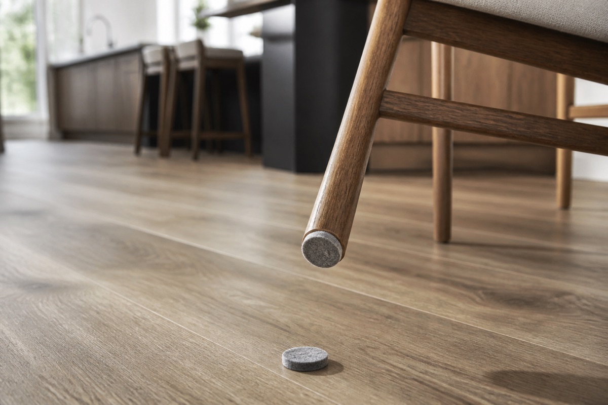Luxury vinyl plank floor in a modern kitchen with a felt pad being applied to a chair leg