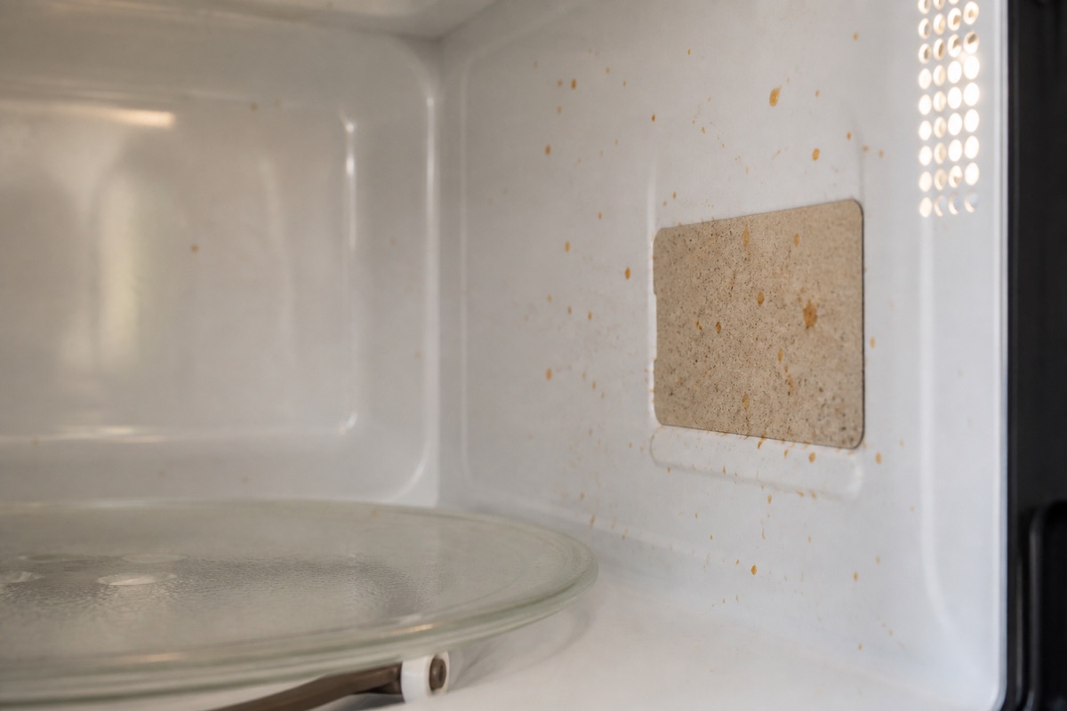 Interior of a microwave oven showing the mica waveguide cover panel on the side wall with splatter on it