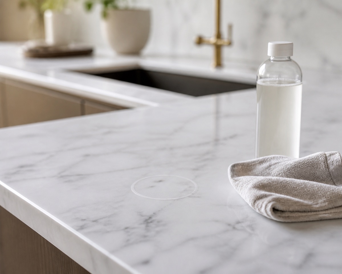 Honed white marble countertop with a faint ring mark, a cloth and pH-neutral stone cleaner beside it