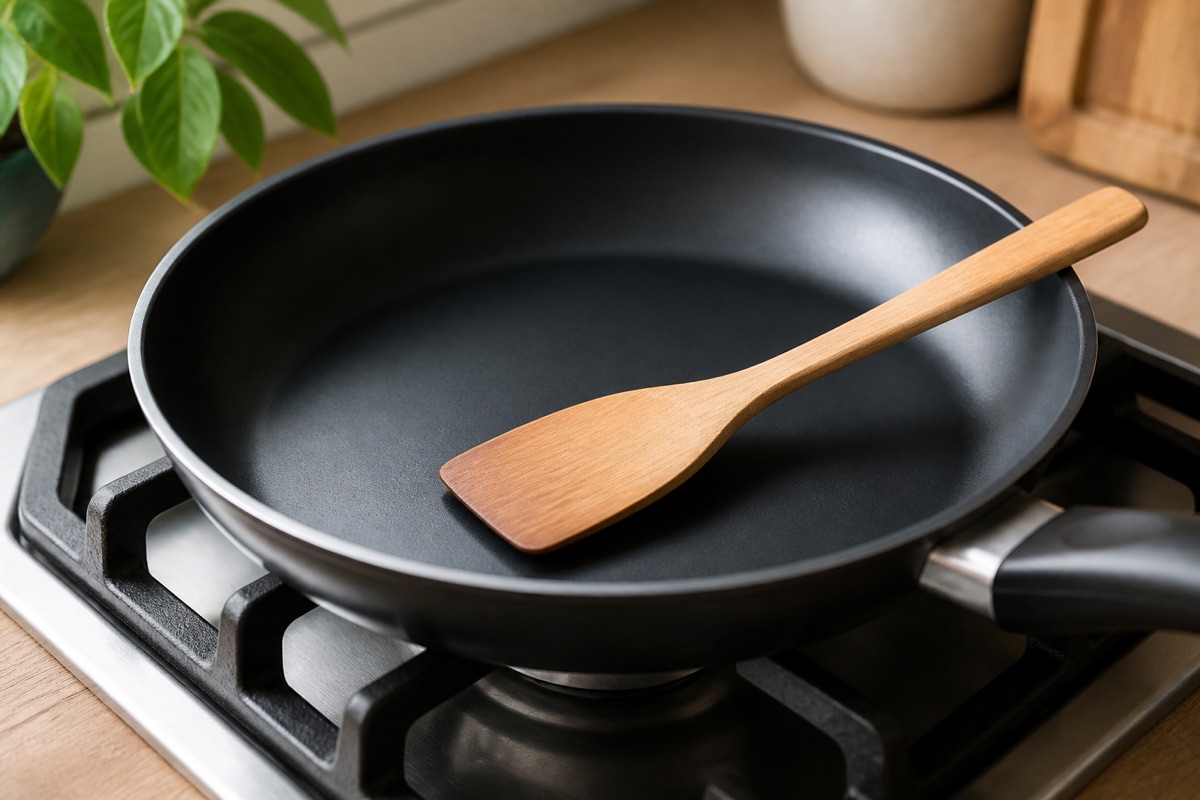 Nonstick frying pan on a hob with a wooden spatula resting in it and the coating smooth and intact