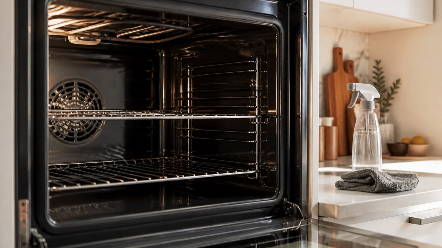 A spotless oven interior with door open on a modern kitchen counter