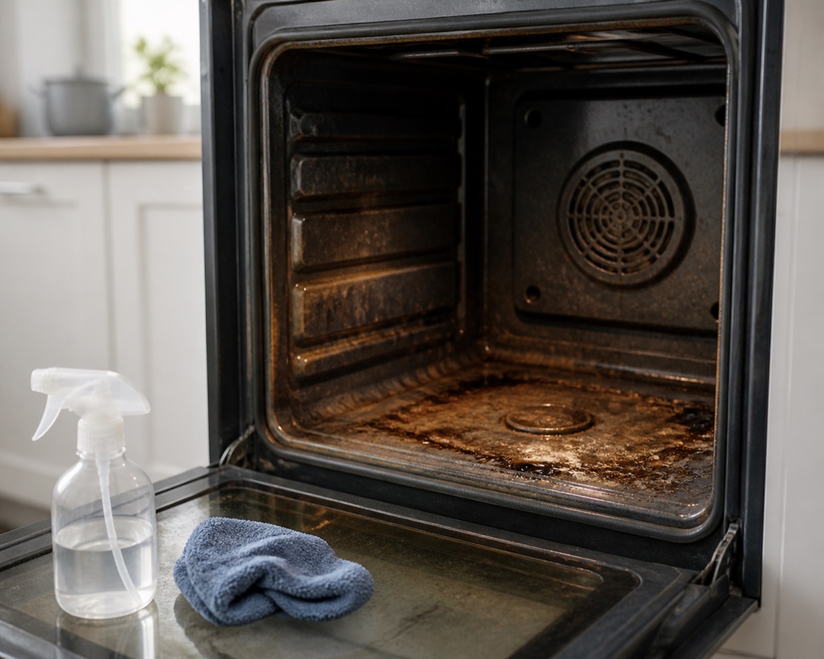 Open oven with racks removed showing baked-on residue across the floor of the cavity