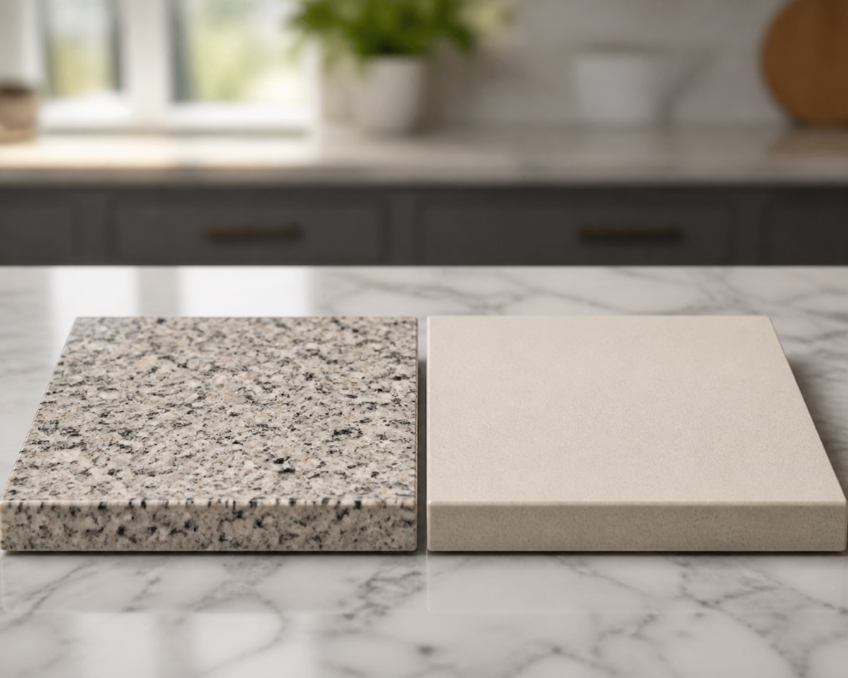 Two countertop samples side by side, one speckled granite and one uniform engineered quartz