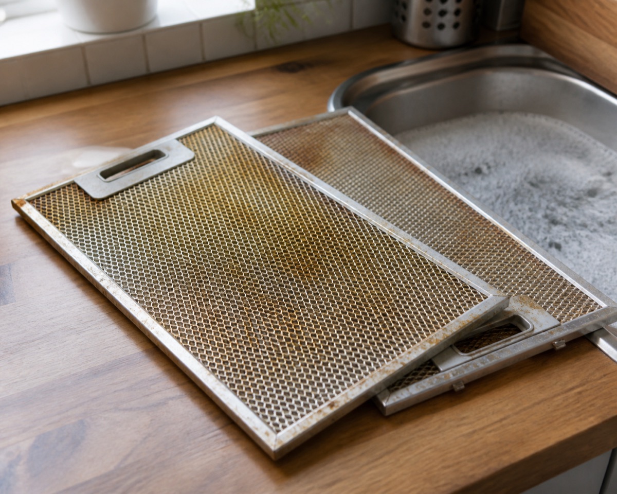 Two greasy stainless steel baffle filters removed from a cooker hood resting beside a sink of soapy water