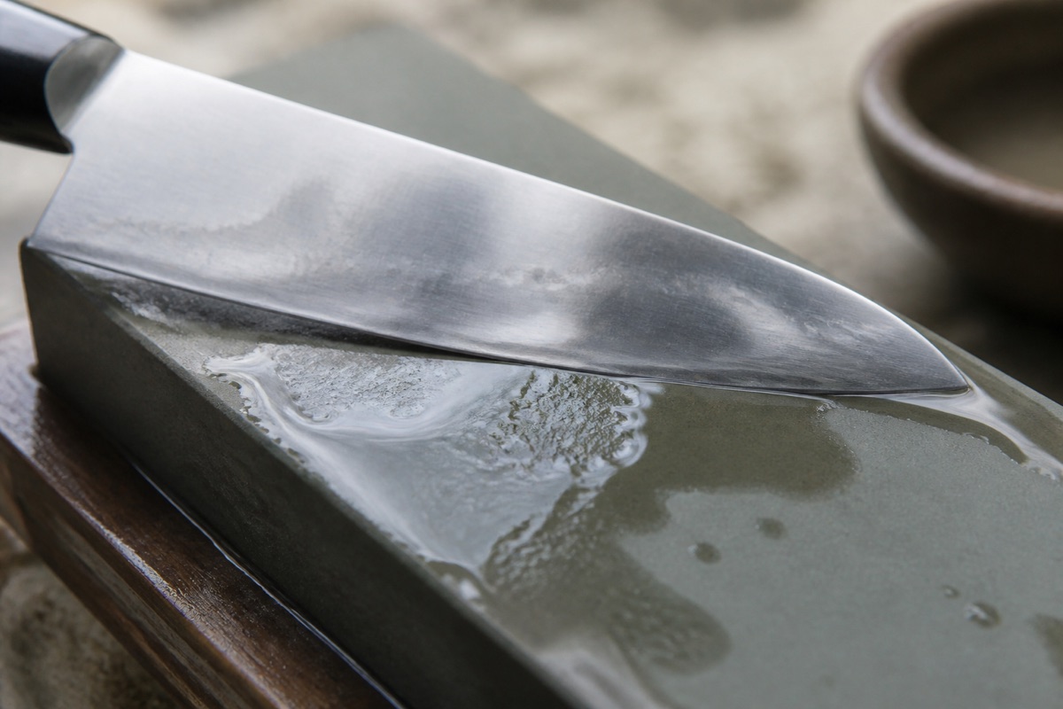 Chef knife being drawn across a whetstone at an angle with water pooling on the stone