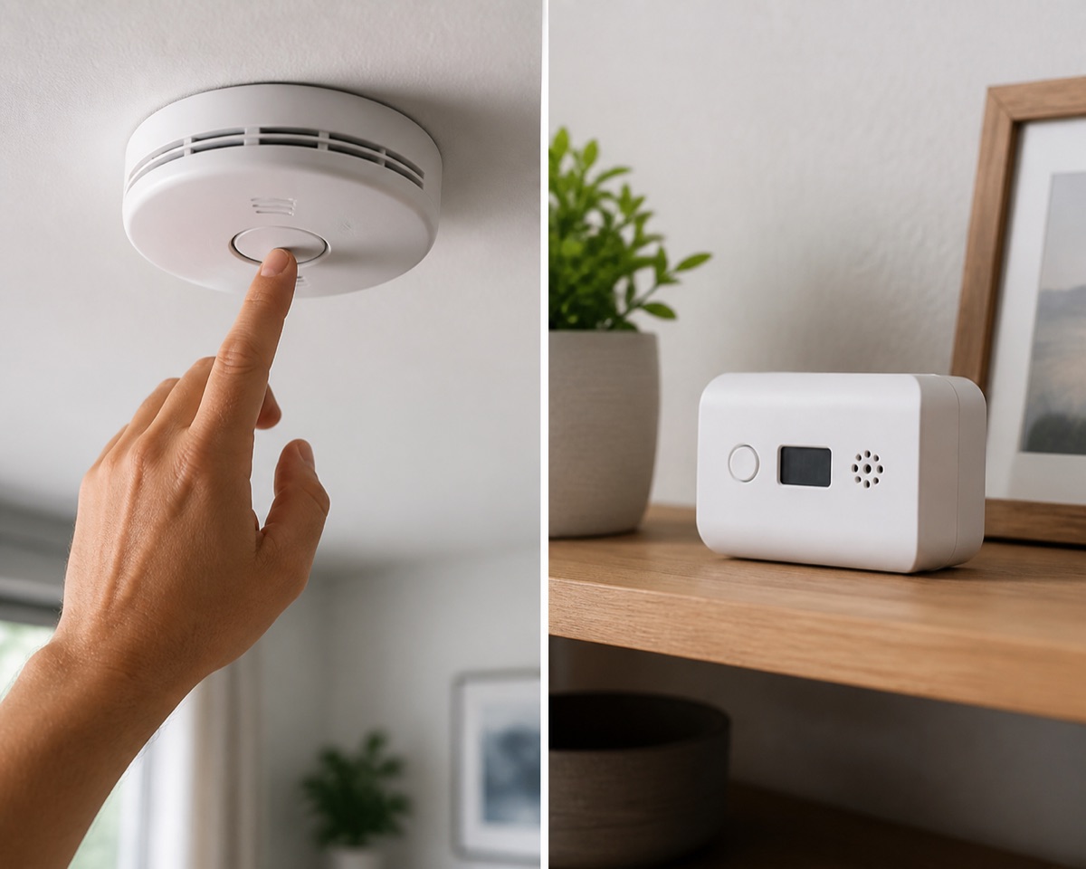 Ceiling-mounted smoke alarm with a hand pressing the test button and a carbon monoxide detector nearby