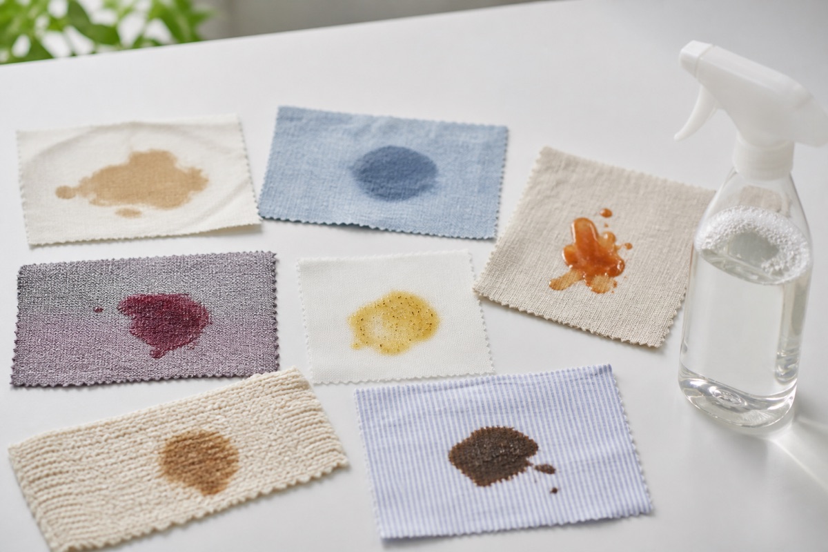 Fabric swatches laid out on a white surface each with a different fresh stain beside a bottle of stain remover