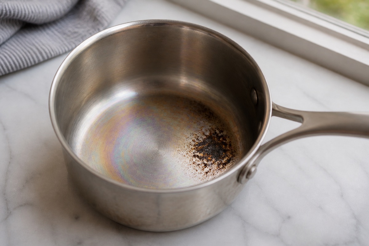 Stainless steel saucepan with faint rainbow heat tint and burnt-on residue on the base interior