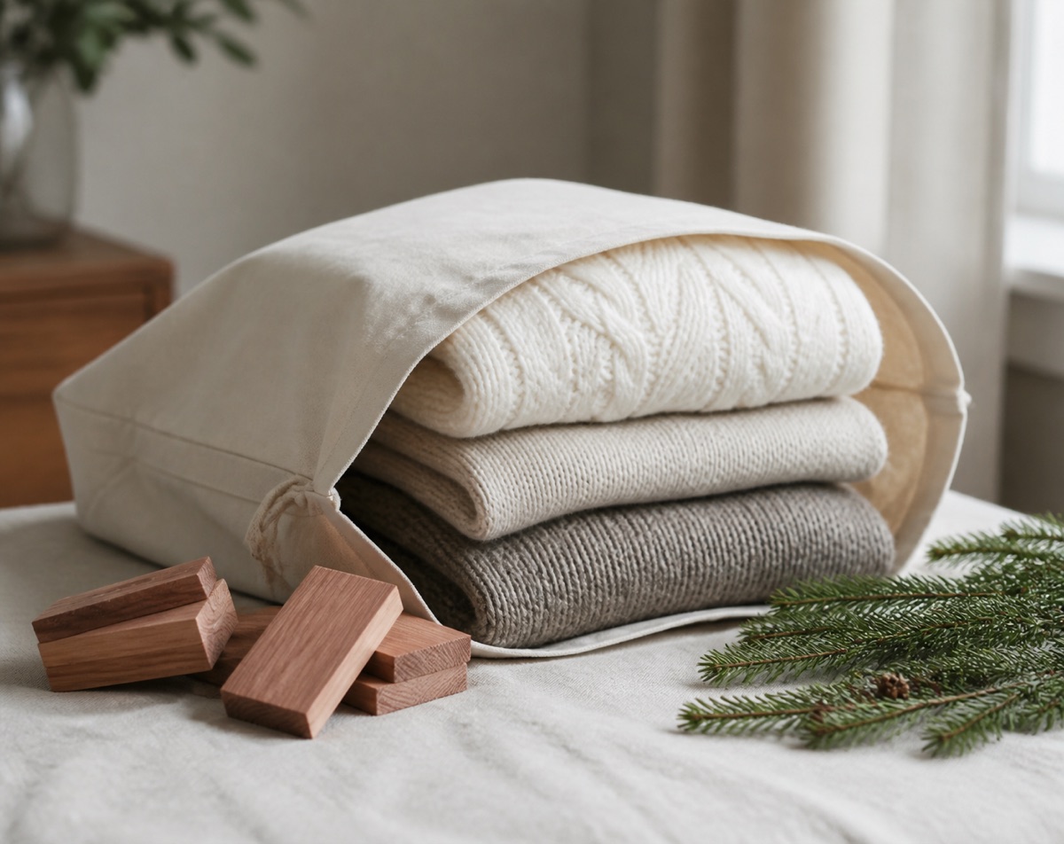 Folded winter jumpers being placed into a breathable cotton storage bag with cedar blocks beside them