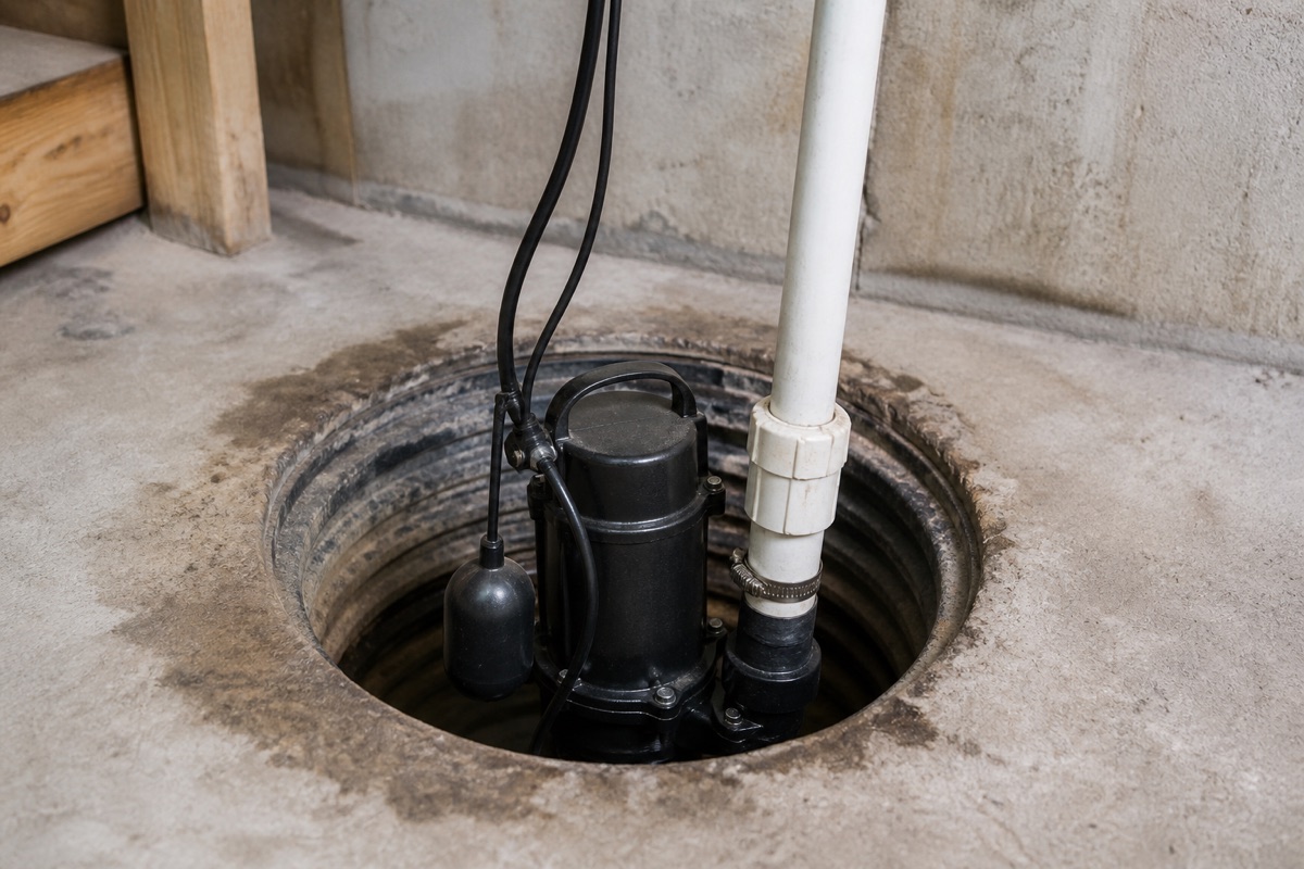 Sump pump sitting in an open sump pit in a basement with the float switch and discharge pipe visible