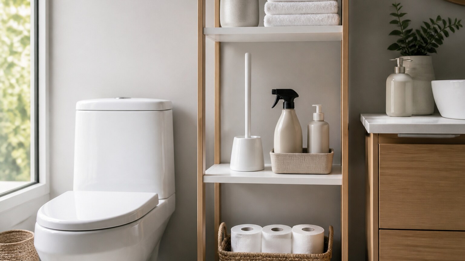 A bright clean modern bathroom with tidy cleaning supplies