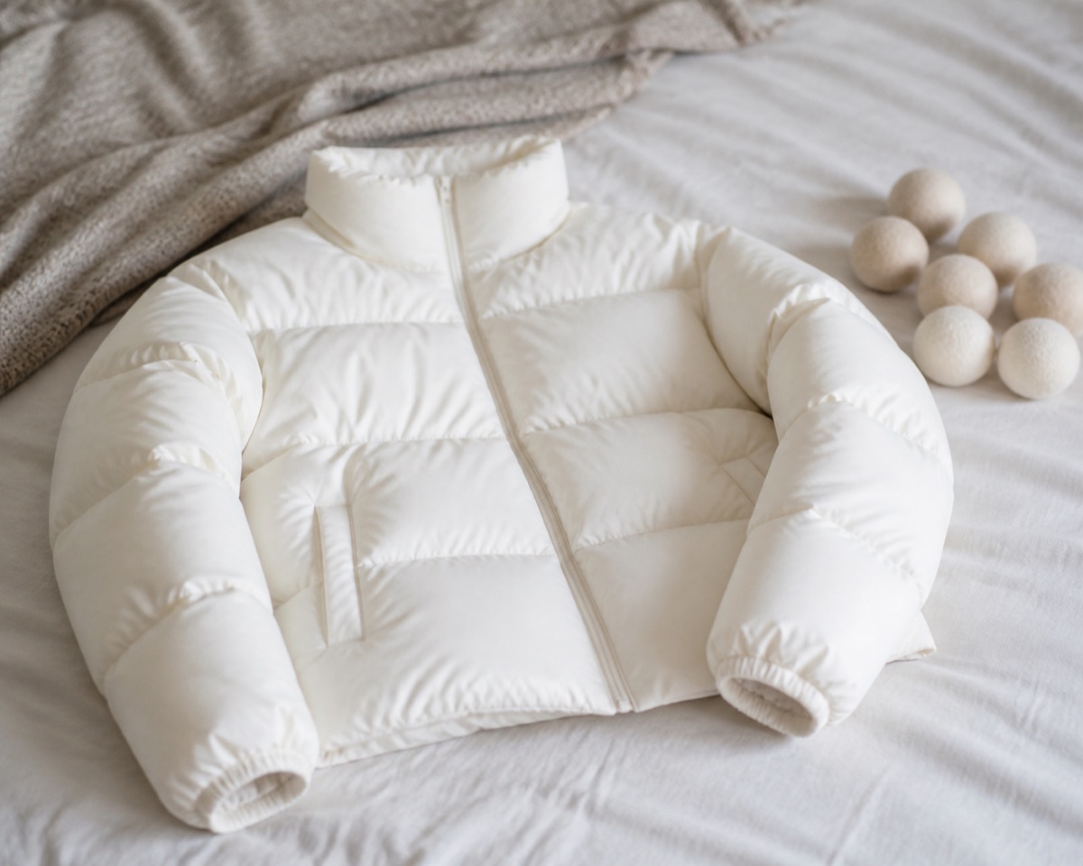 Puffy white down jacket lying flat on a bed with wool dryer balls beside it