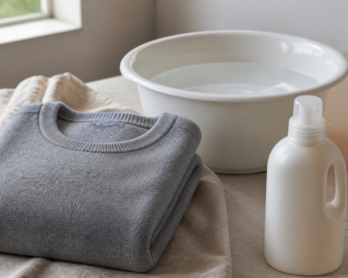Folded grey merino wool jumper beside a basin of cool water with wool detergent
