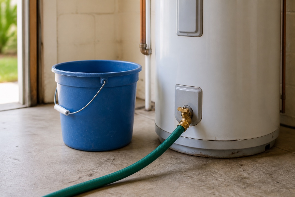 Domestic water heater tank with a garden hose attached to the drain valve and a bucket beside it