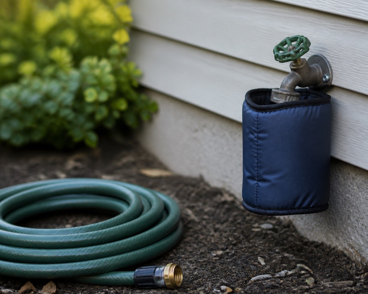 Outdoor garden tap with an insulated cover beside it and a coiled hose disconnected on the ground