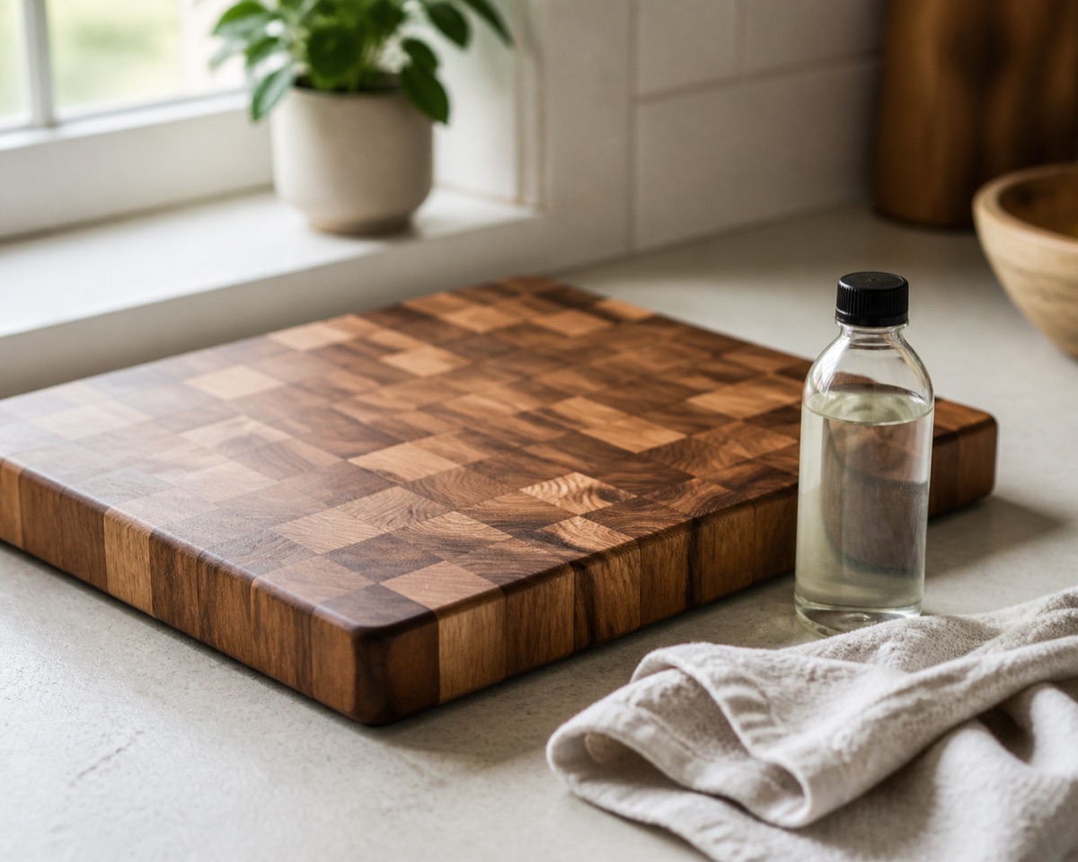 End-grain wooden chopping board on a counter with a bottle of food-safe mineral oil and a cloth